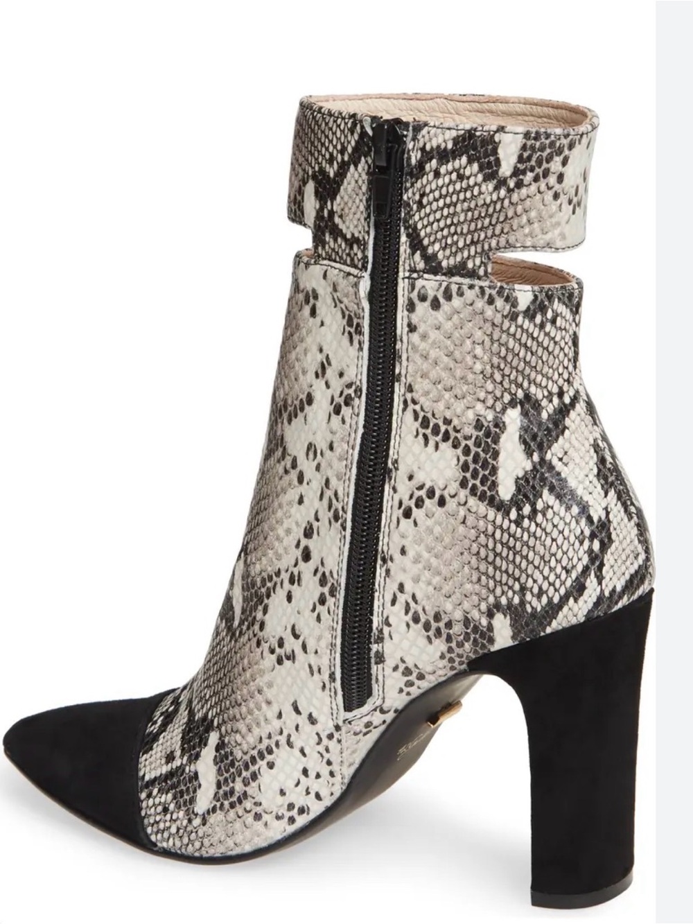 42 GOLD Kiki Snake-Print Ankle Boot with Black Suede Pointed Toe & Heel-Size 7.5
